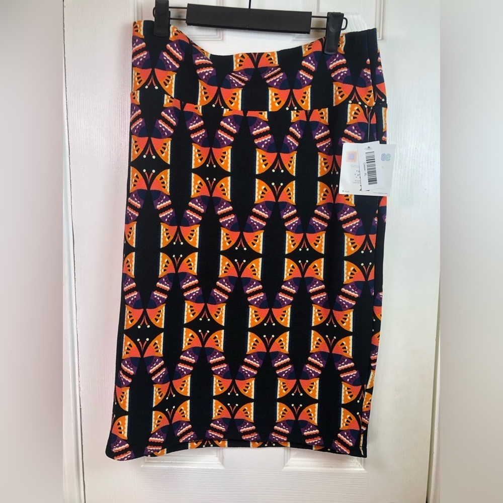 LuLaRoe Black Pencil Skirt with Orange and Purple Geometric Print